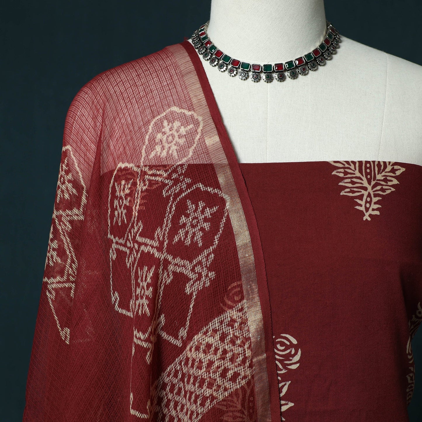 Hand block jaipur print cotton 3pc unstitched dress