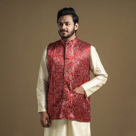 Maroon - hand printed mashru silk nehru jacket - handcrafted
