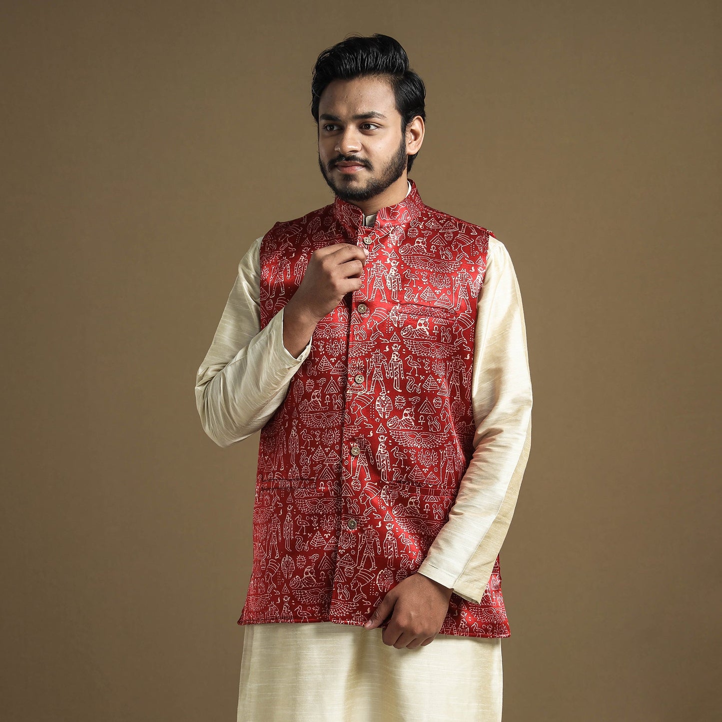 Maroon - hand printed mashru silk nehru jacket - handcrafted