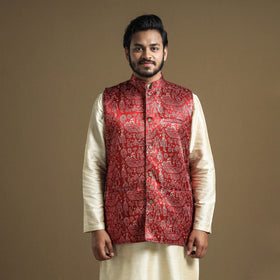 Maroon - hand printed mashru silk nehru jacket - handcrafted