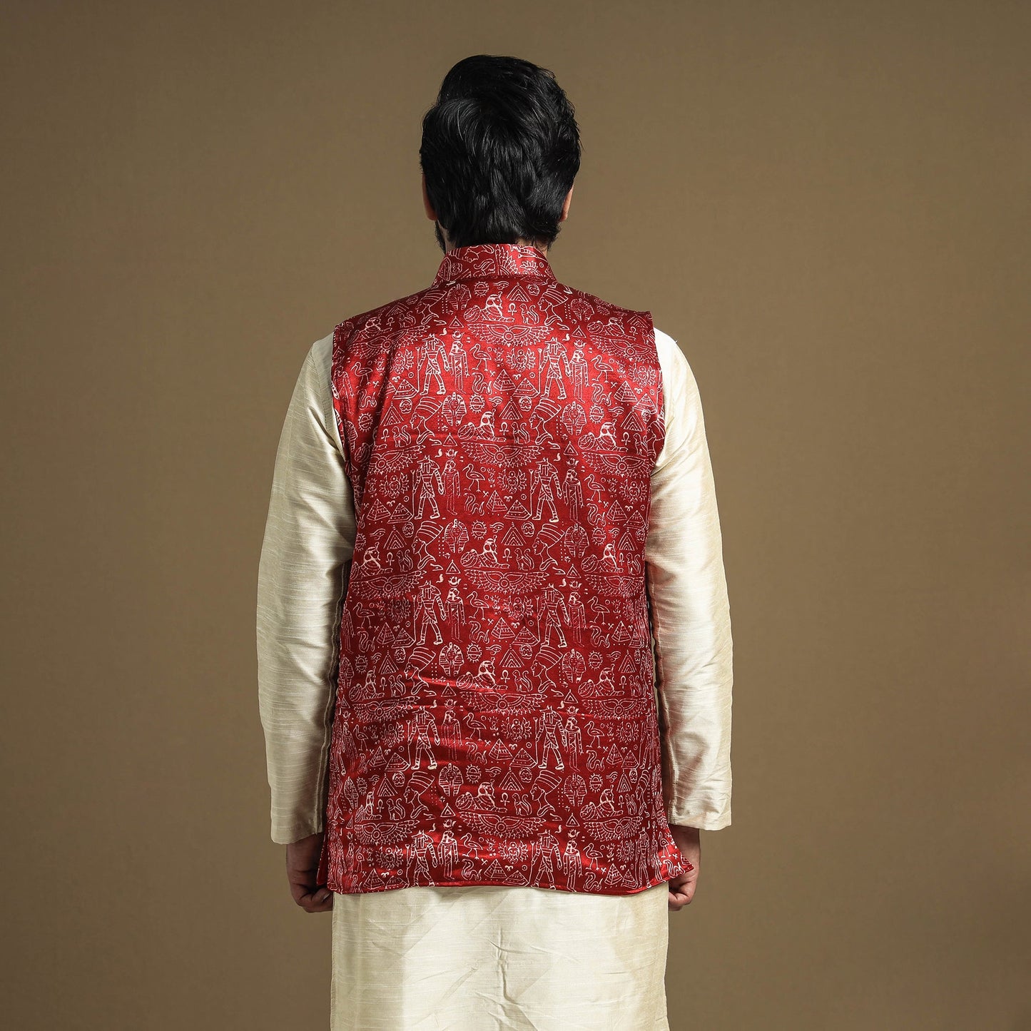 Maroon - hand printed mashru silk nehru jacket - handcrafted