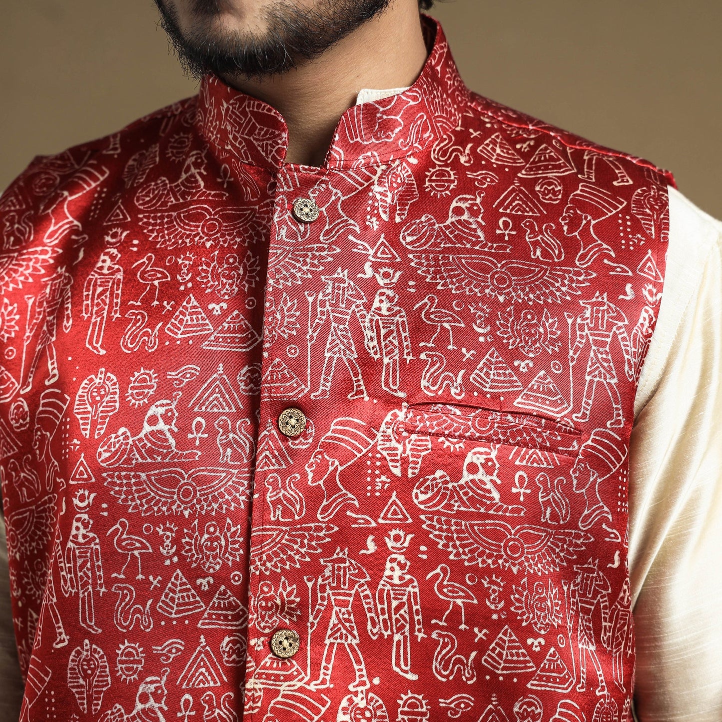 Maroon - hand printed mashru silk nehru jacket - handcrafted