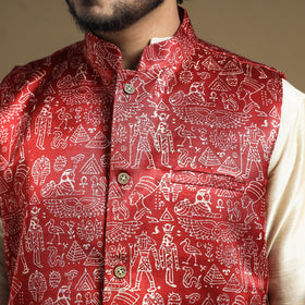 Maroon - hand printed mashru silk nehru jacket - handcrafted