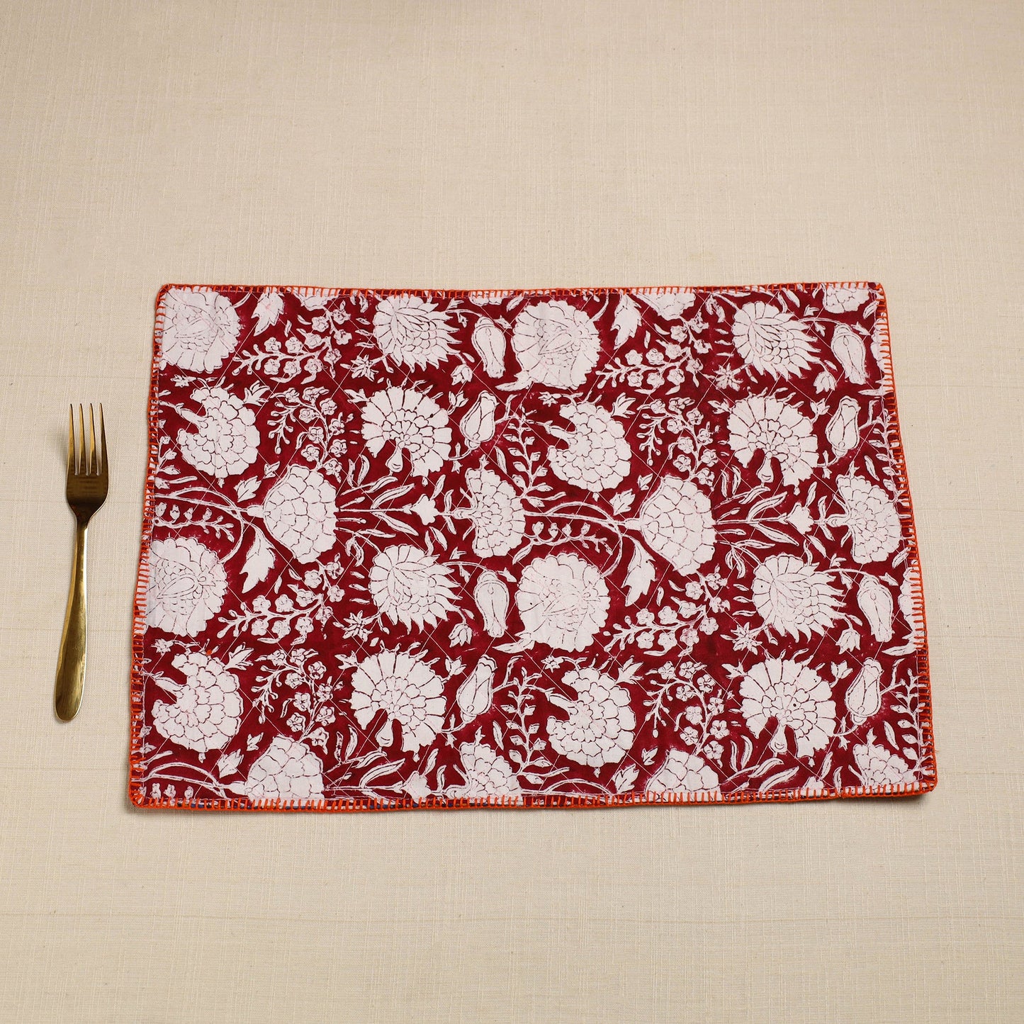 Maroon Hand Embroidered Floral Cotton Reversible Table Mat