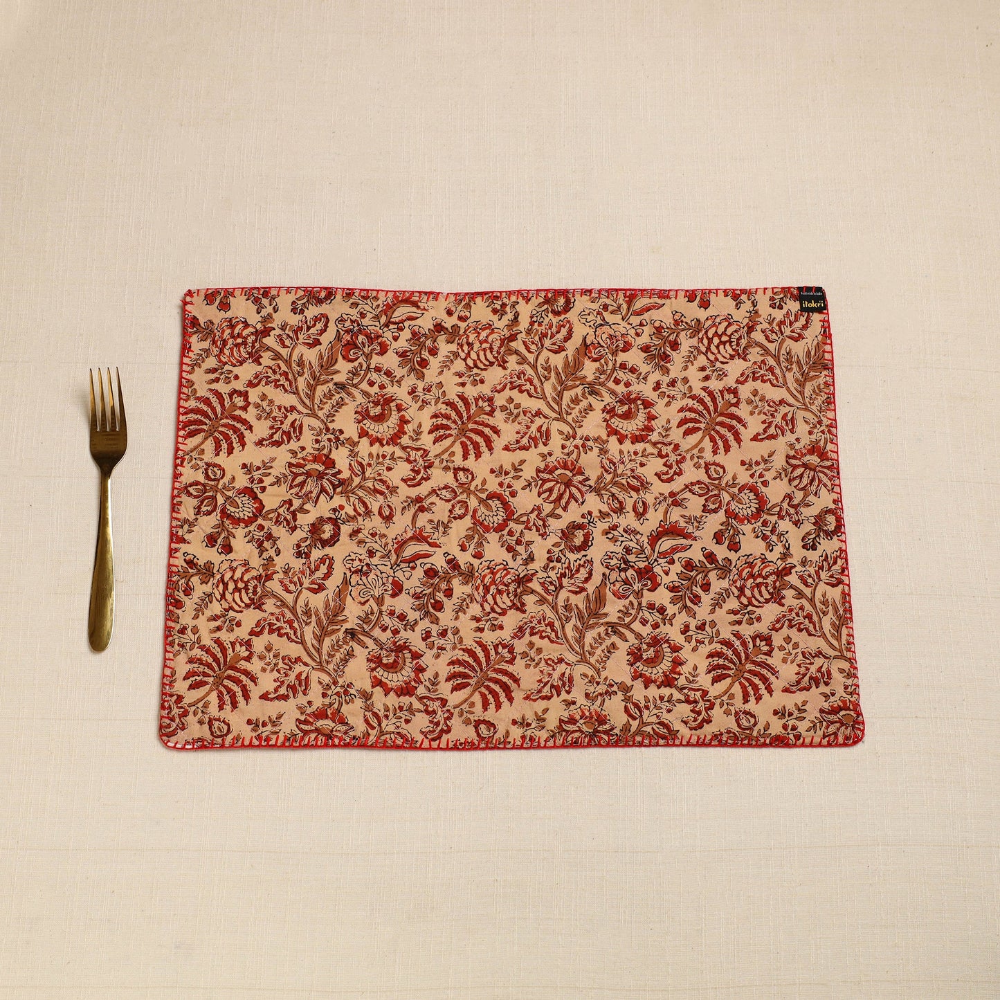 Maroon Hand Embroidered Floral Cotton Reversible Table Mat