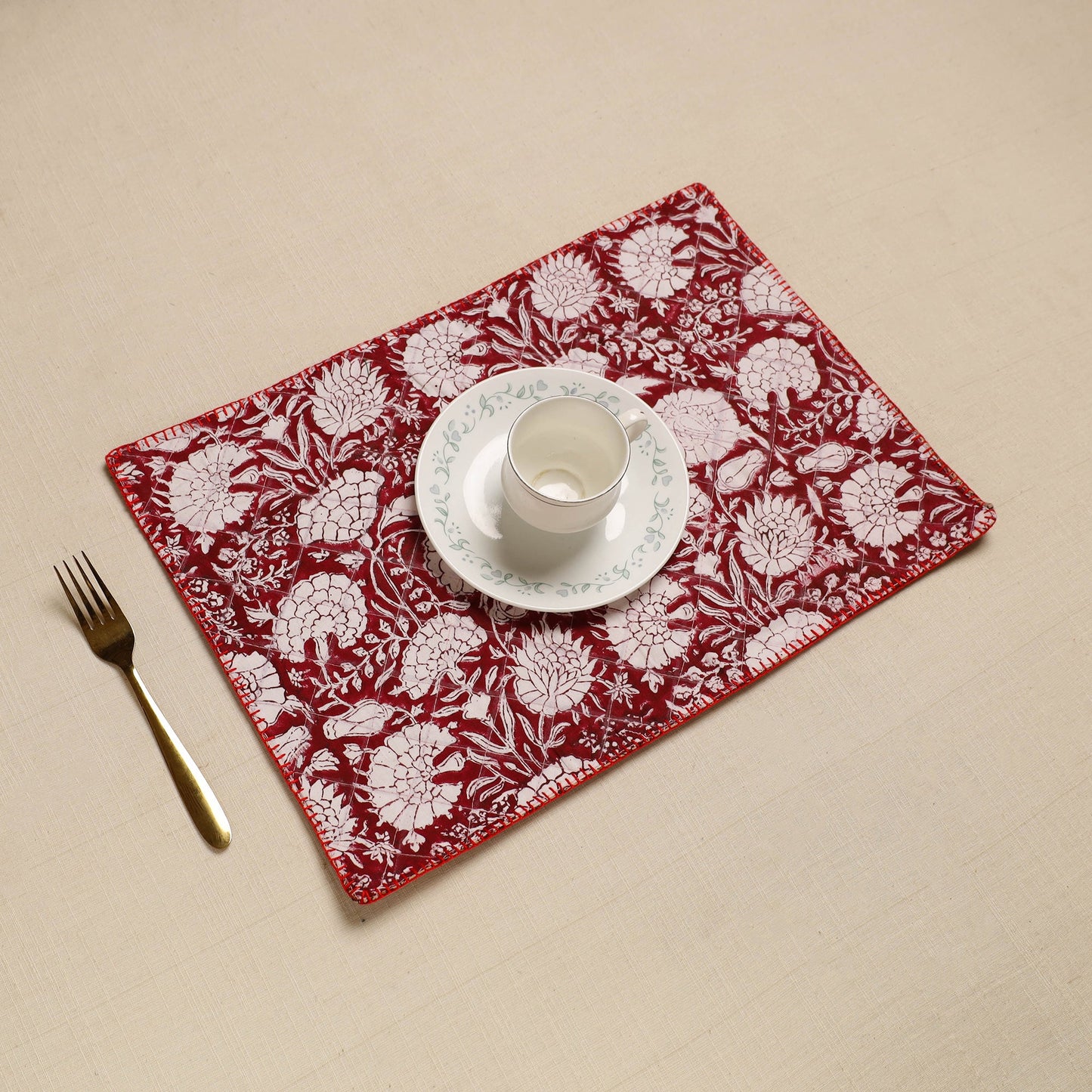 Maroon Hand Embroidered Floral Cotton Reversible Table Mat