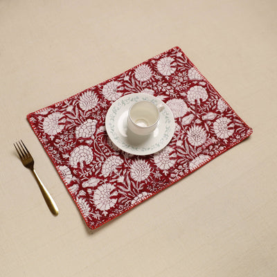 Maroon Hand Embroidered Floral Cotton Reversible Table Mat