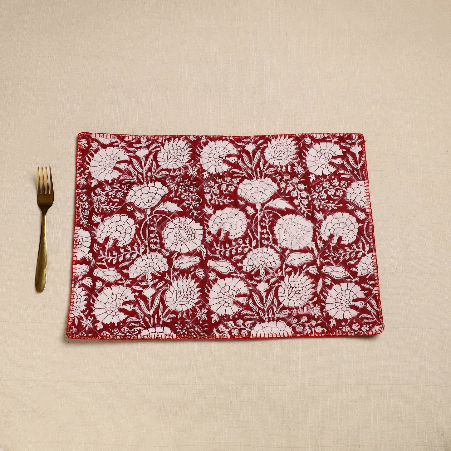 Maroon Hand Embroidered Floral Cotton Reversible Table Mat