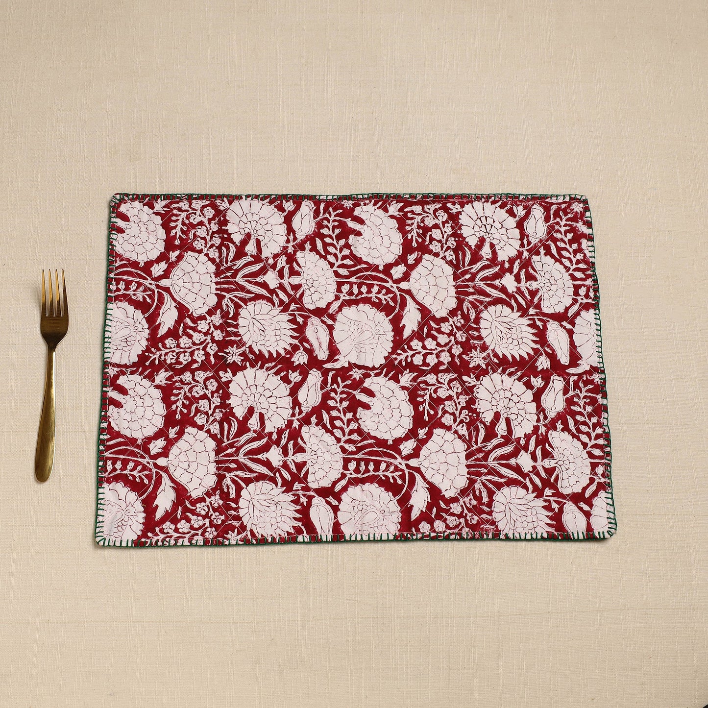  Maroon Hand Embroidered Floral Cotton Reversible Table Mat