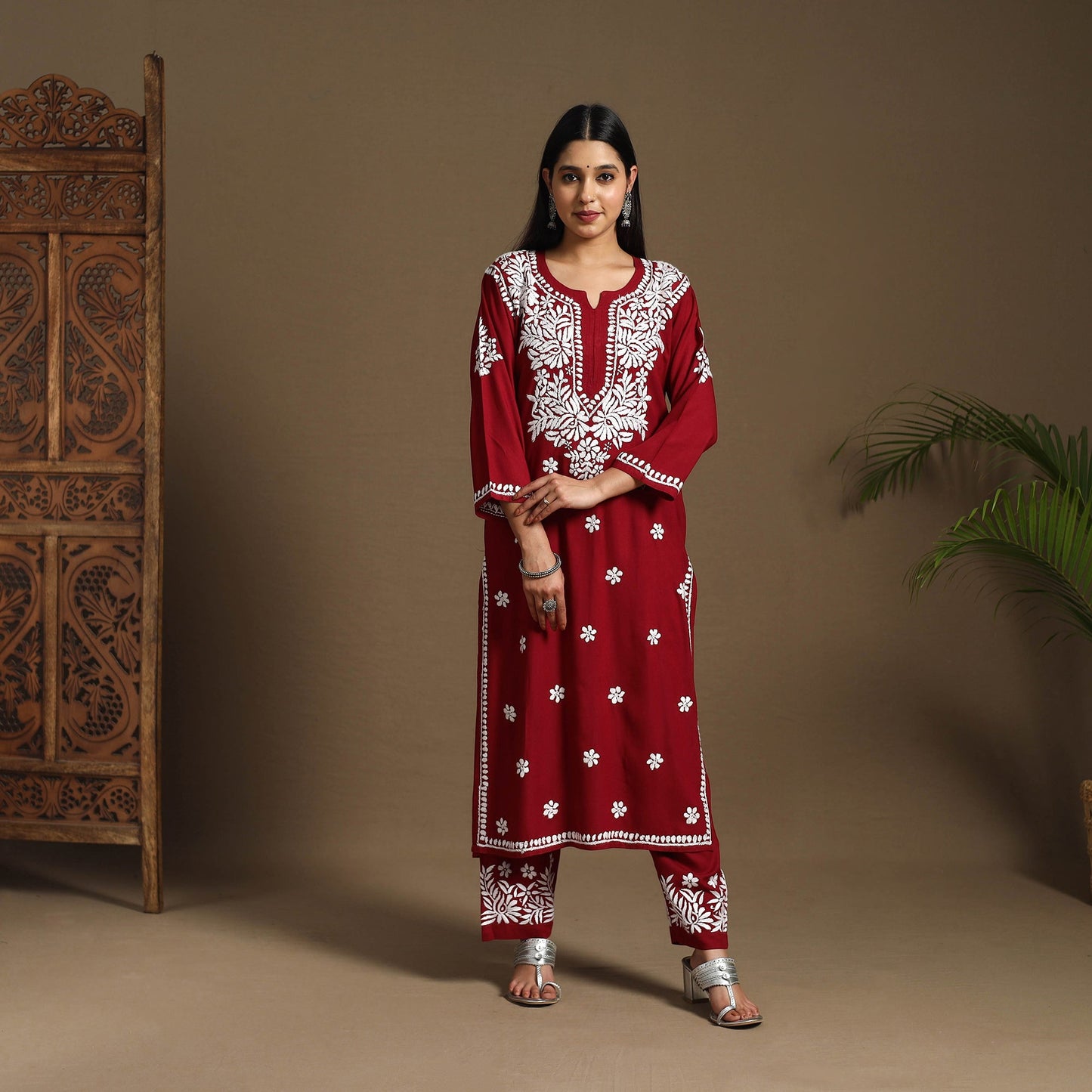 Maroon Hand Embroidered Rayon Chikankari Kurta with Pant Set