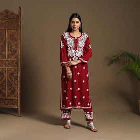 Maroon Hand Embroidered Rayon Chikankari Kurta with Pant Set