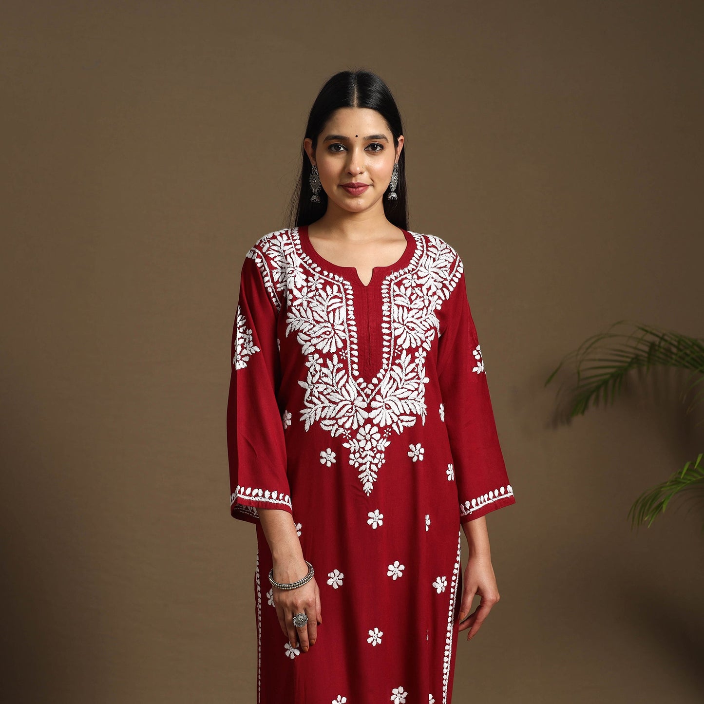 Maroon Hand Embroidered Rayon Chikankari Kurta with Pant Set