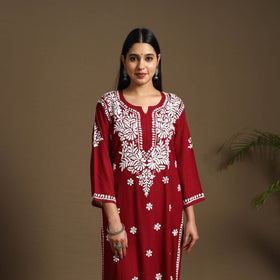 Maroon Hand Embroidered Rayon Chikankari Kurta with Pant Set