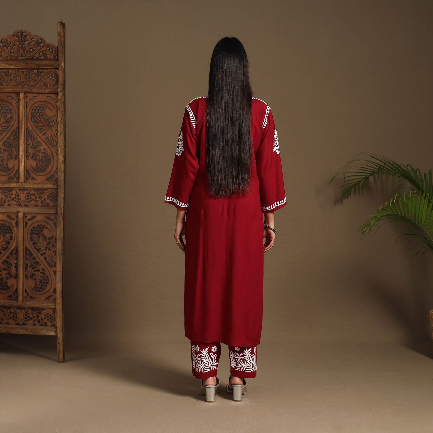 Maroon Hand Embroidered Rayon Chikankari Kurta with Pant Set