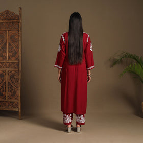 Maroon Hand Embroidered Rayon Chikankari Kurta with Pant Set