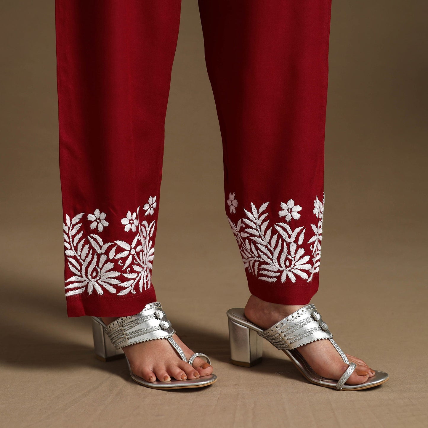 Maroon Hand Embroidered Rayon Chikankari Kurta with Pant Set