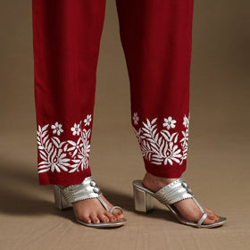 Maroon Hand Embroidered Rayon Chikankari Kurta with Pant Set
