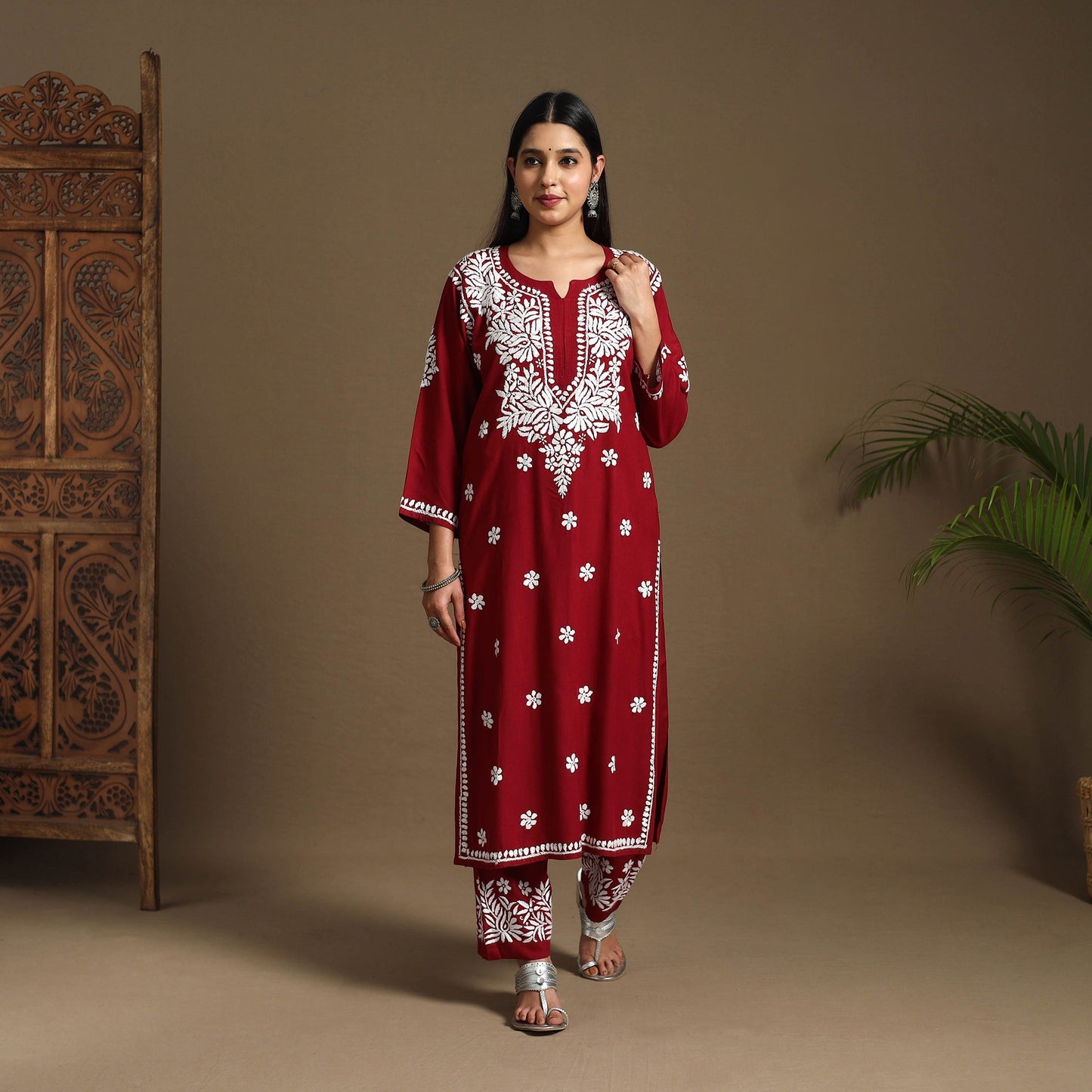 Maroon Hand Embroidered Rayon Chikankari Kurta with Pant Set