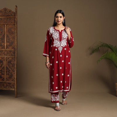 Maroon Hand Embroidered Rayon Chikankari Kurta with Pant Set