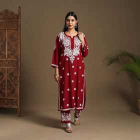 Maroon Hand Embroidered Rayon Chikankari Kurta with Pant Set