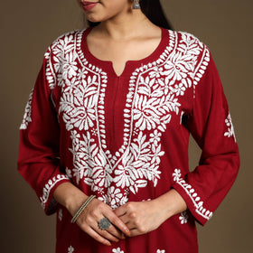 Maroon Hand Embroidered Rayon Chikankari Kurta with Pant Set
