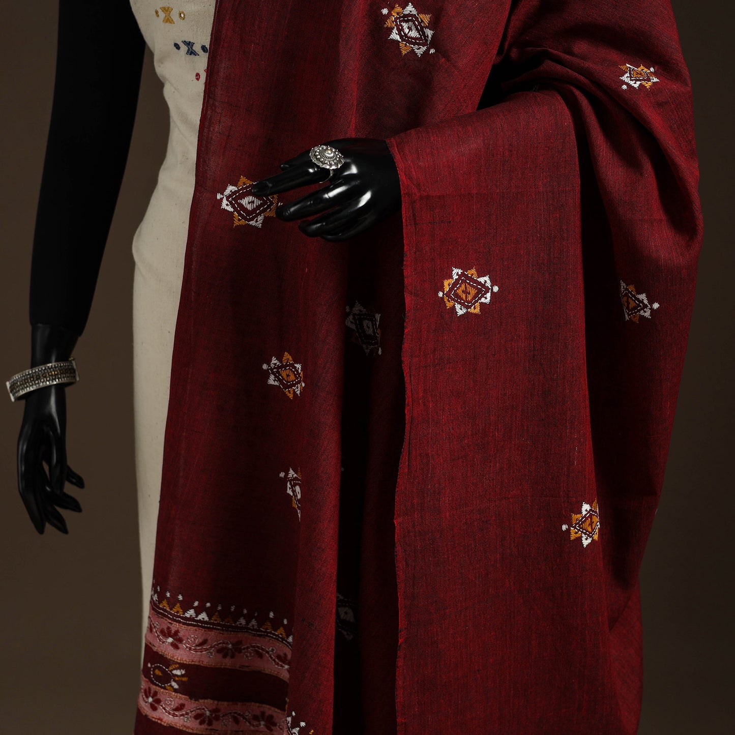 Maroon Hand Embroidery Khes Handwoven Cotton Kantha Dupatta