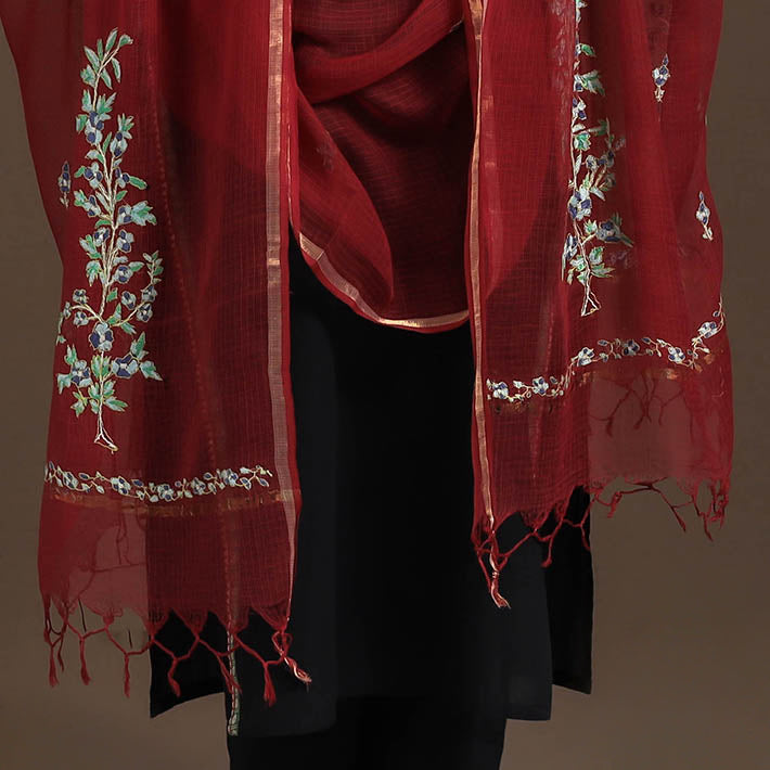 Maroon Hand Embroidery Kota Silk Kashida Dupatta