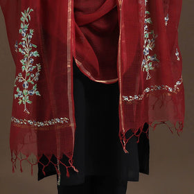 Maroon Hand Embroidery Kota Silk Kashida Dupatta