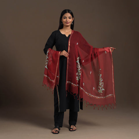 Maroon Hand Embroidery Kota Silk Kashida Dupatta