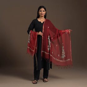 Maroon Hand Embroidery Kota Silk Kashida Dupatta