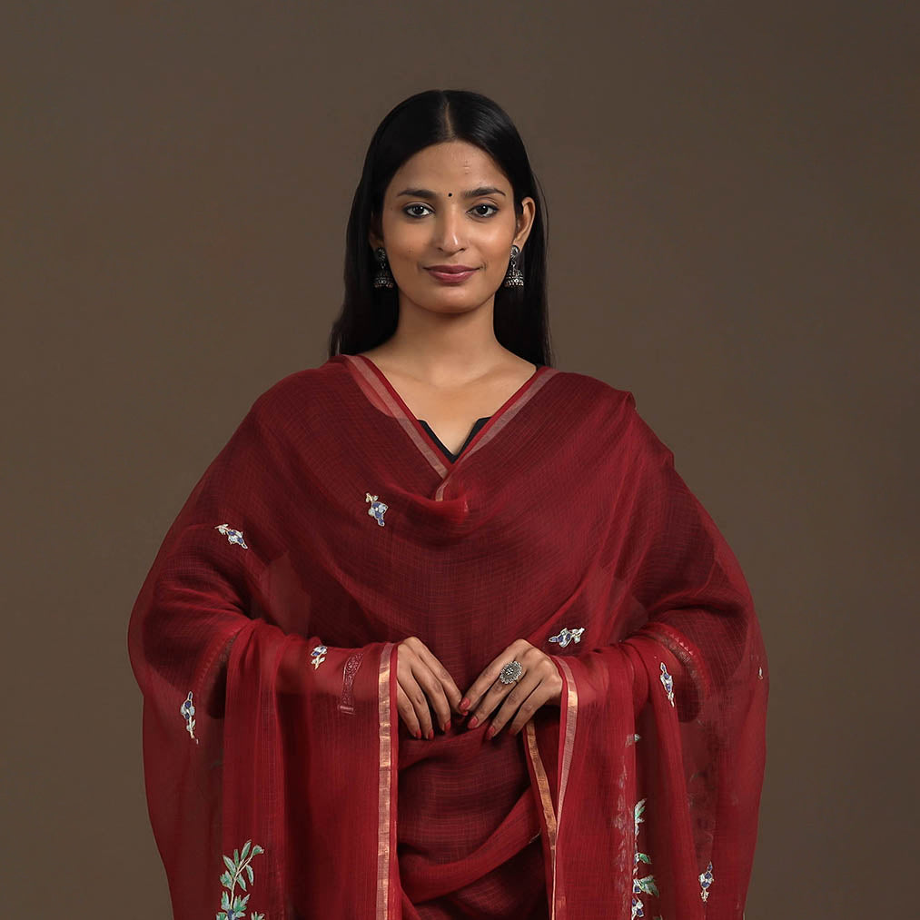 Maroon Hand Embroidery Kota Silk Kashida Dupatta