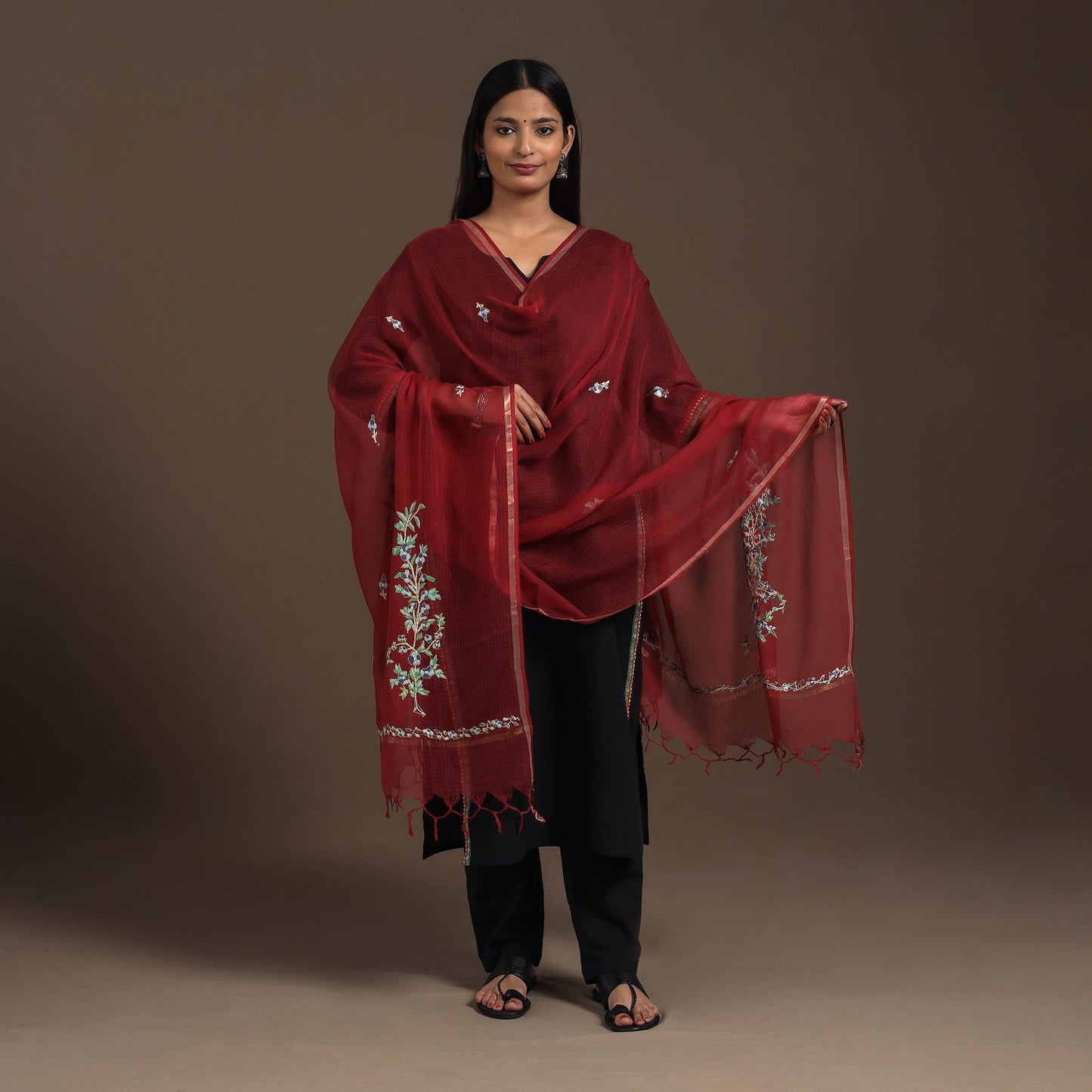 Maroon Hand Embroidery Kota Silk Kashida Dupatta