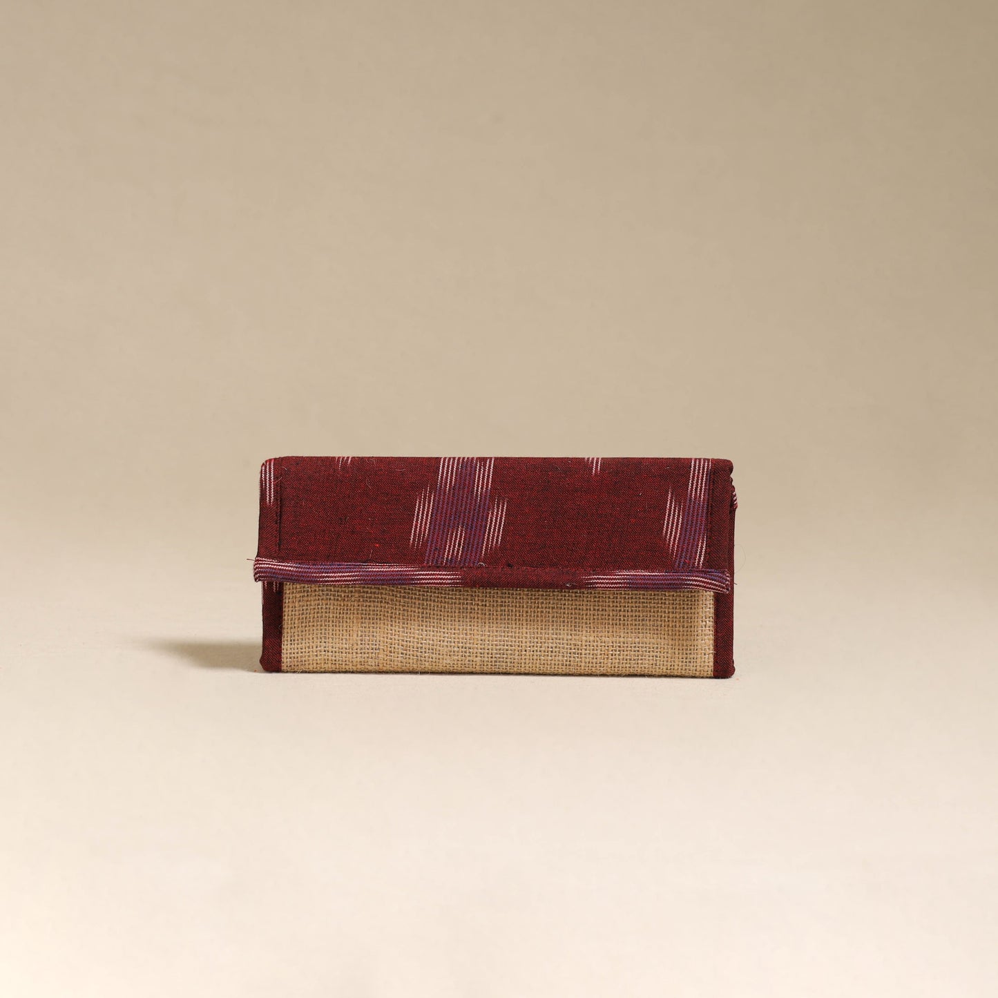Maroon - handcrafted ikat fabric jute clutch / wallet