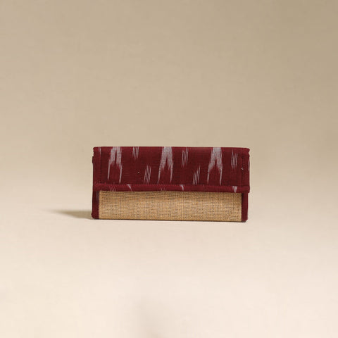 Maroon - handcrafted ikat fabric jute clutch / wallet