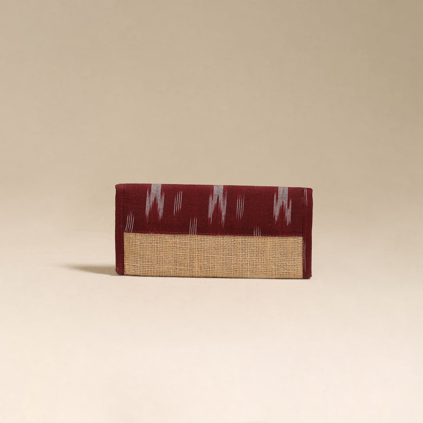 Maroon - handcrafted ikat fabric jute clutch / wallet