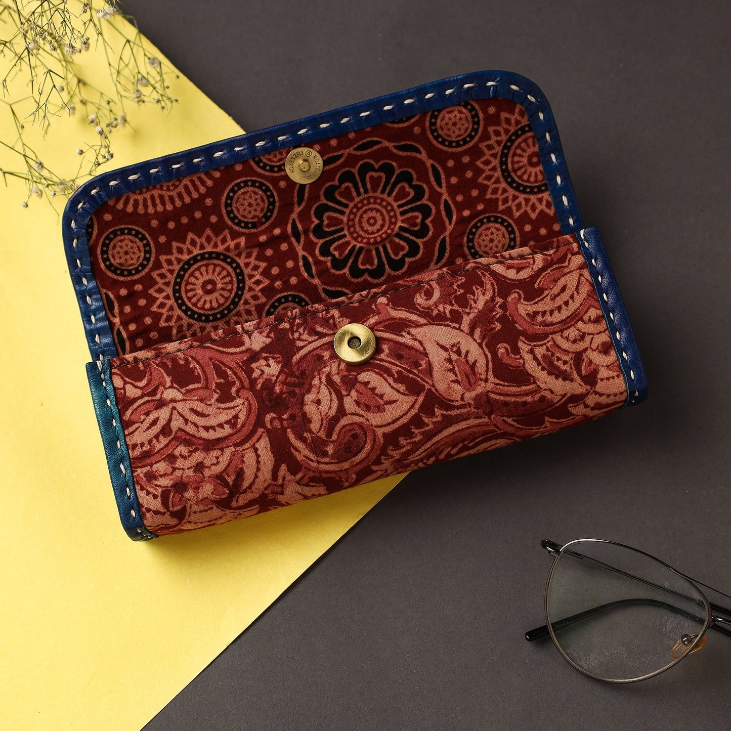 Maroon Handcrafted Kutch Leather Block Printed Spectacle Case