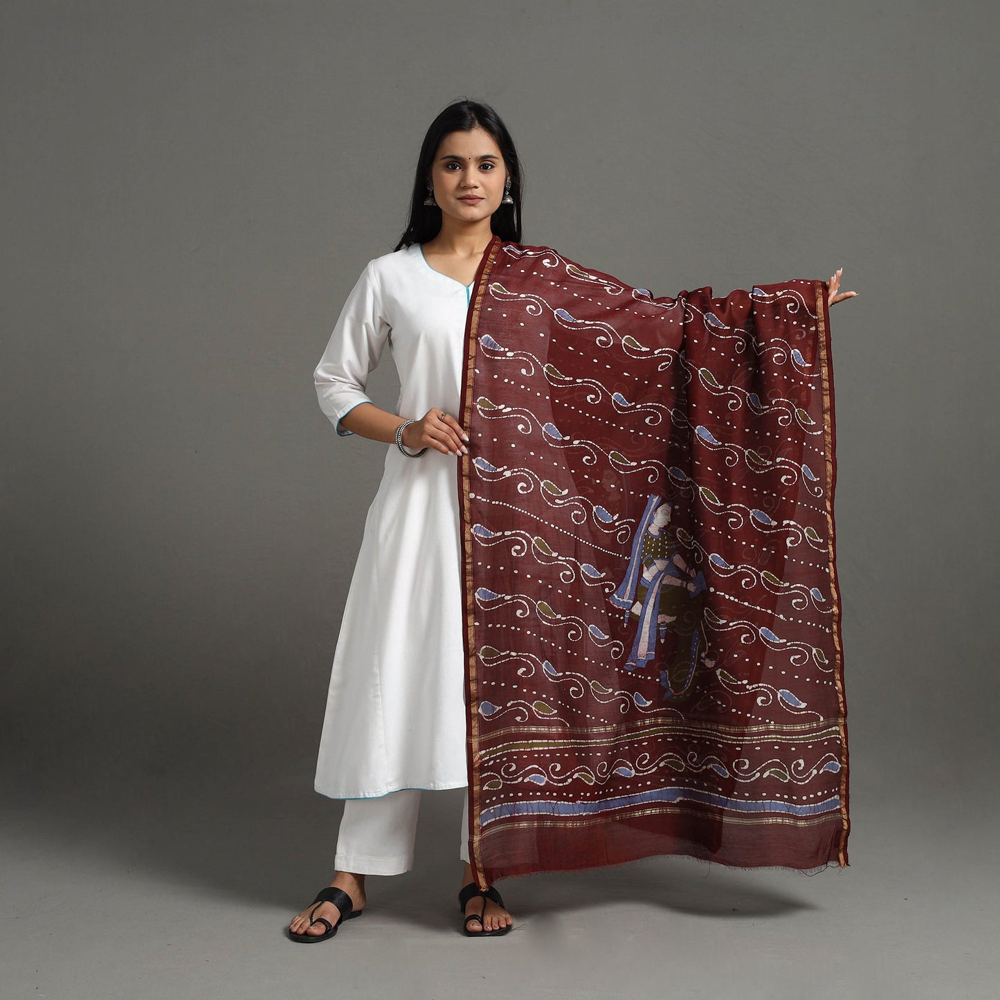 Maroon - Handloom Chanderi Silk Hand Batik Printed Dupatta 07