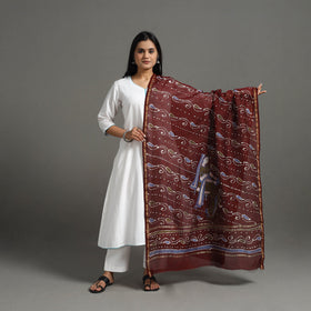 Maroon - Handloom Chanderi Silk Hand Batik Printed Dupatta 07