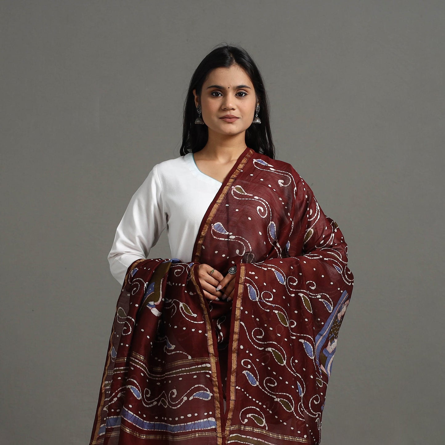 Maroon - Handloom Chanderi Silk Hand Batik Printed Dupatta 07