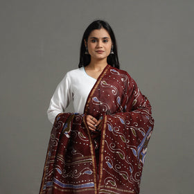Maroon - Handloom Chanderi Silk Hand Batik Printed Dupatta 07