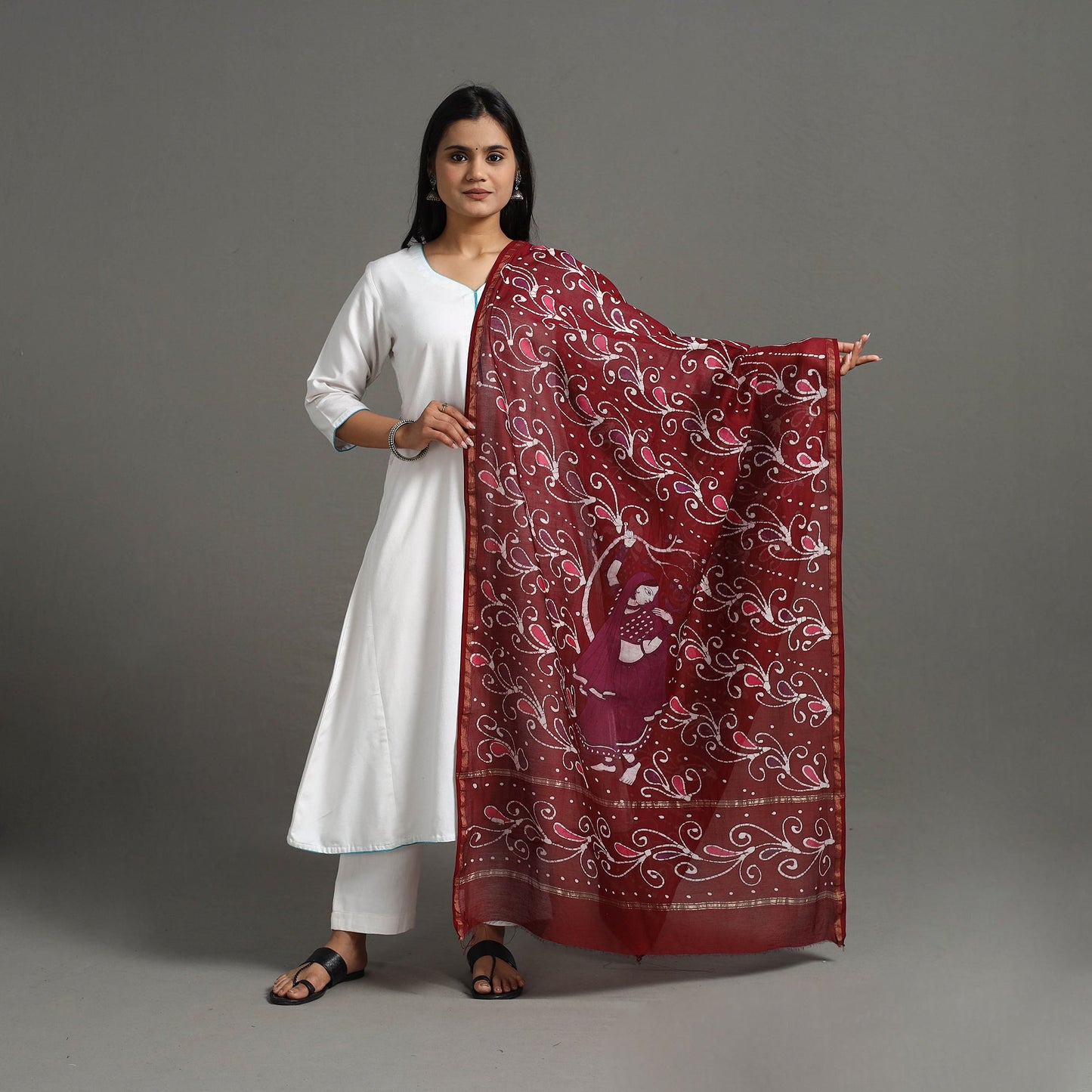 Buy Handloom Chanderi Silk Hand Batik Printed Dupatta