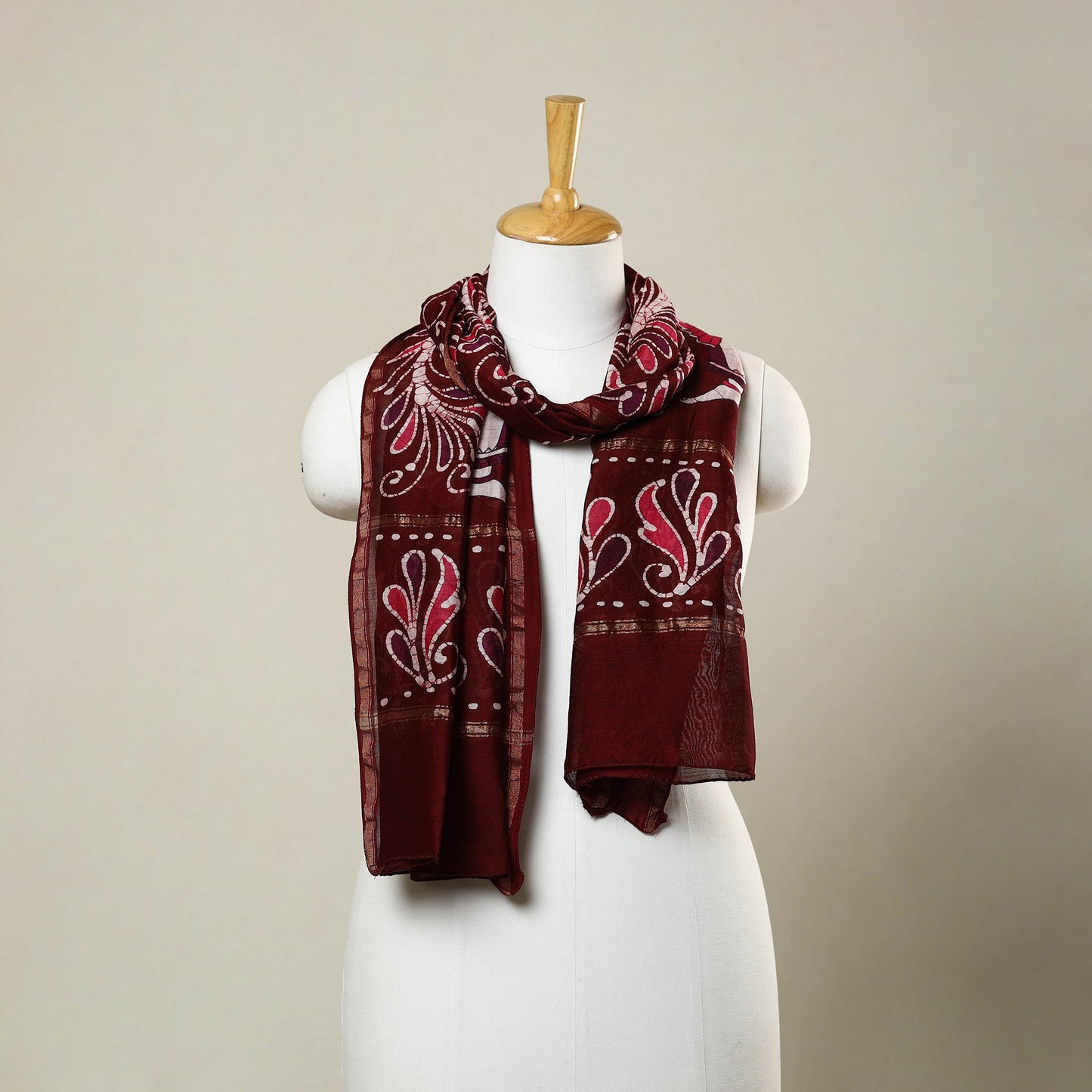 Buy Maroon Handloom Chanderi Silk Hand Batik Print Stole