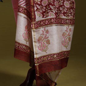 Maroon - handloom chanderi silk hand sanganeri dupatta 33