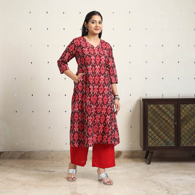 Maroon Handloom Cotton Straight Pochampally Ikat Kurta