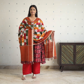 Maroon Handloom Cotton Pochampally Ikat Kurta Set (Set of 3)