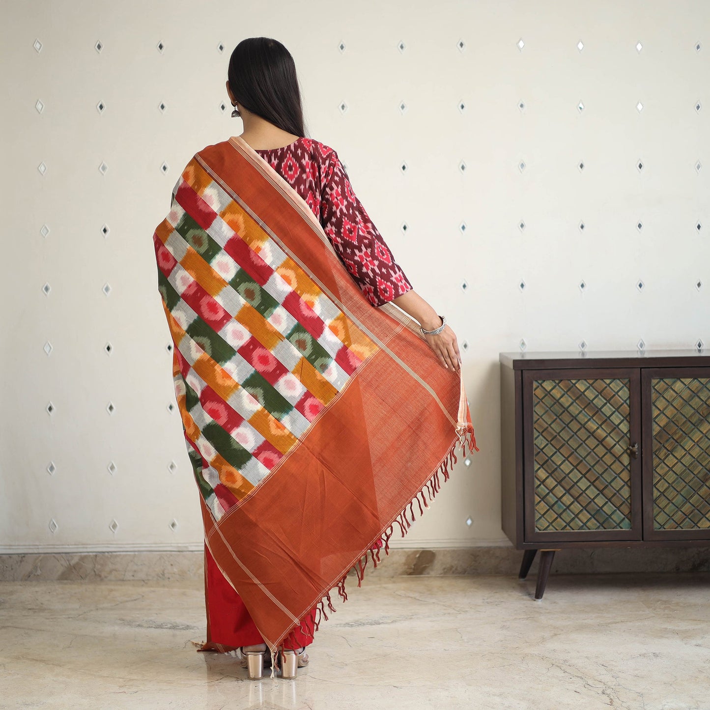 Maroon Handloom Cotton Pochampally Ikat Kurta Set (Set of 3)