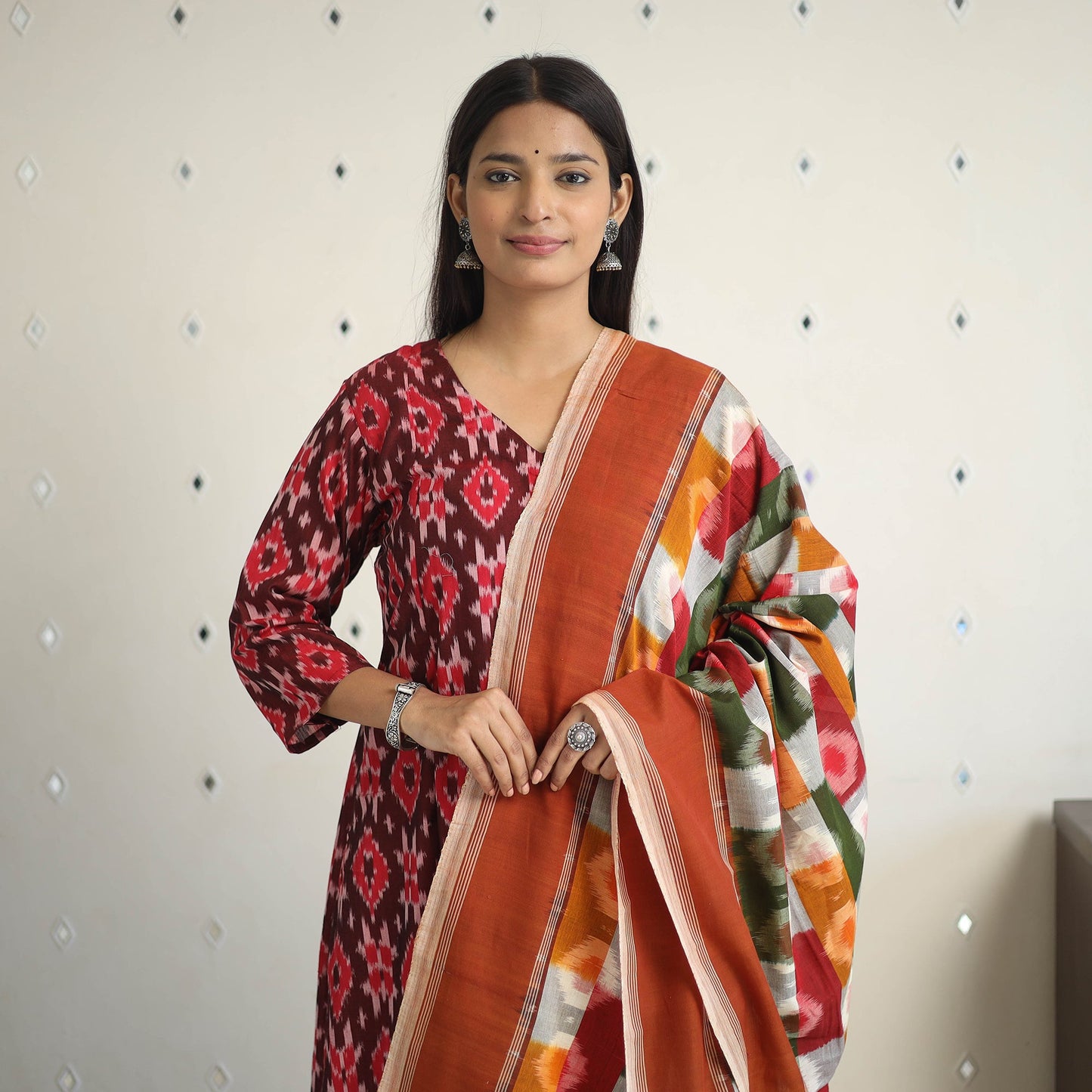 Maroon Handloom Cotton Pochampally Ikat Kurta Set (Set of 3)