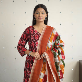 Maroon Handloom Cotton Pochampally Ikat Kurta Set (Set of 3)