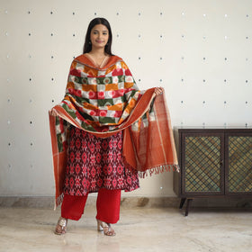 Maroon Handloom Cotton Pochampally Ikat Kurta Set (Set of 3)