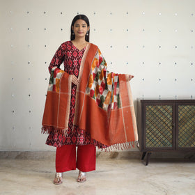 Maroon Handloom Cotton Pochampally Ikat Kurta Set (Set of 3)